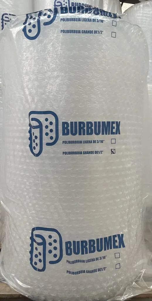 Rollo de poliburbuja grande de 1/2" Burbumex envuelto y etiquetado